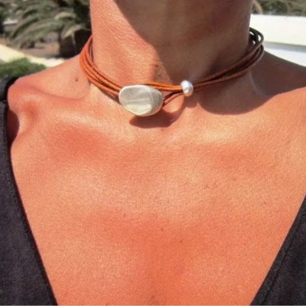 Leather Wrap Choker Necklace with Silver Accent - Brown